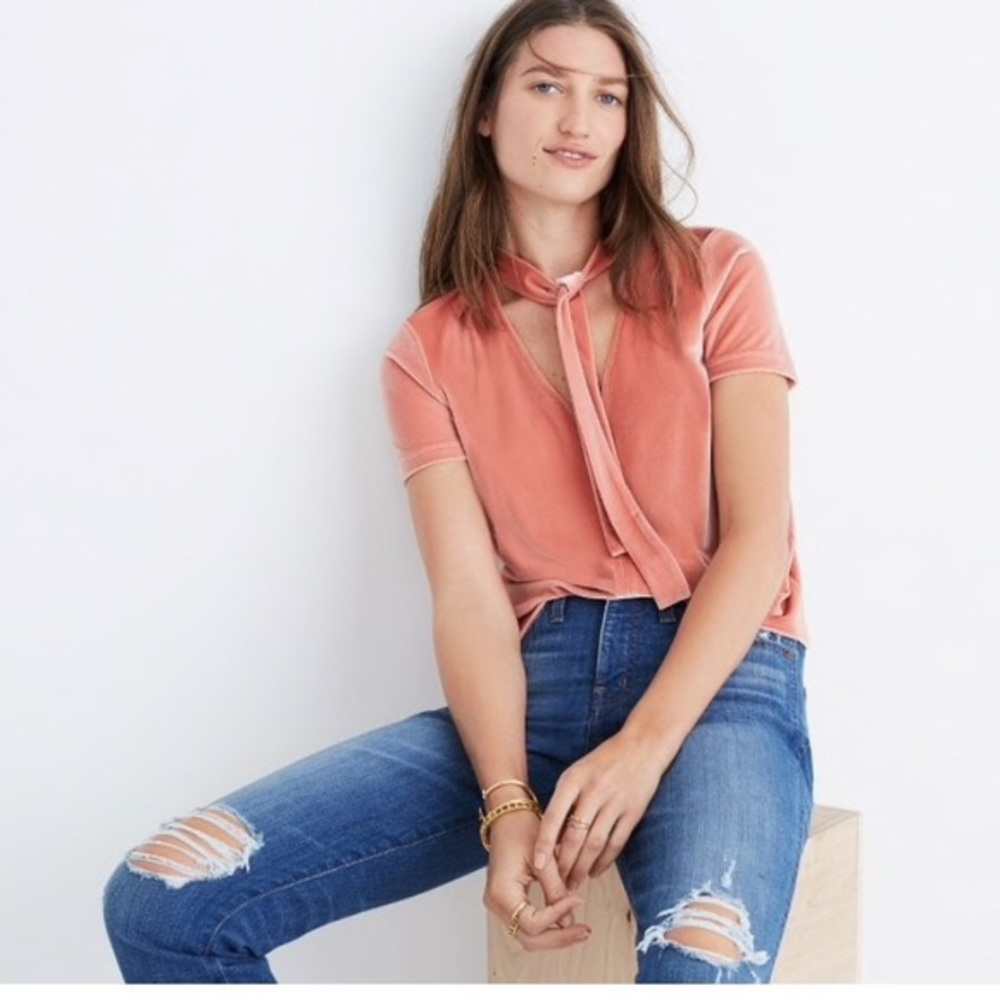 Blush velvet Madewell tie neck top sz S